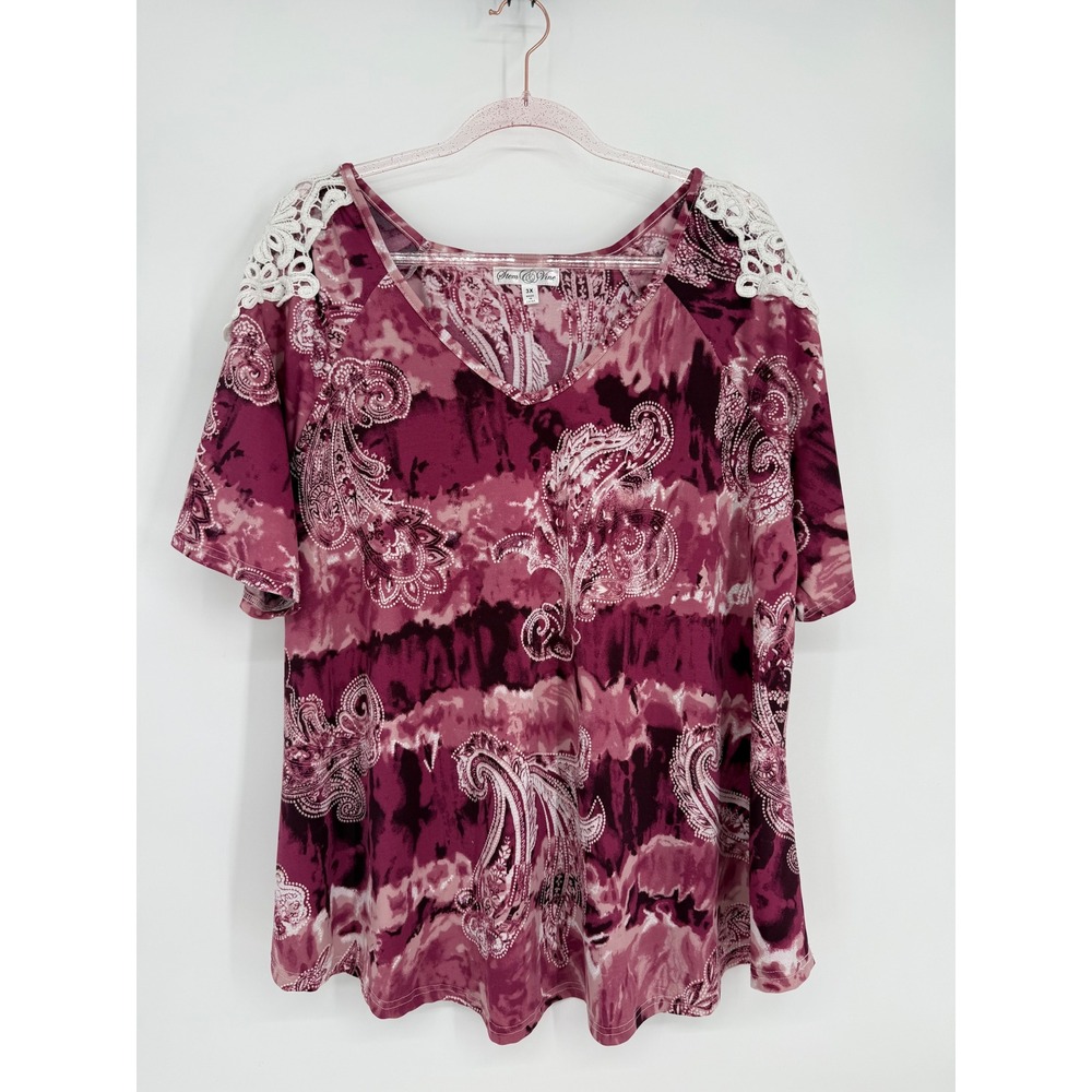 Stem & Vine‎ Womens Paisley Tie Dye Top Crochet Lace V-Neck Plum Sz 3X